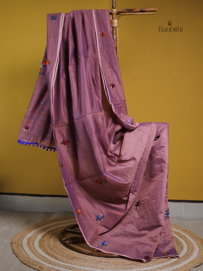 Rosy Pink Artisan Needlework Chanderi Saree