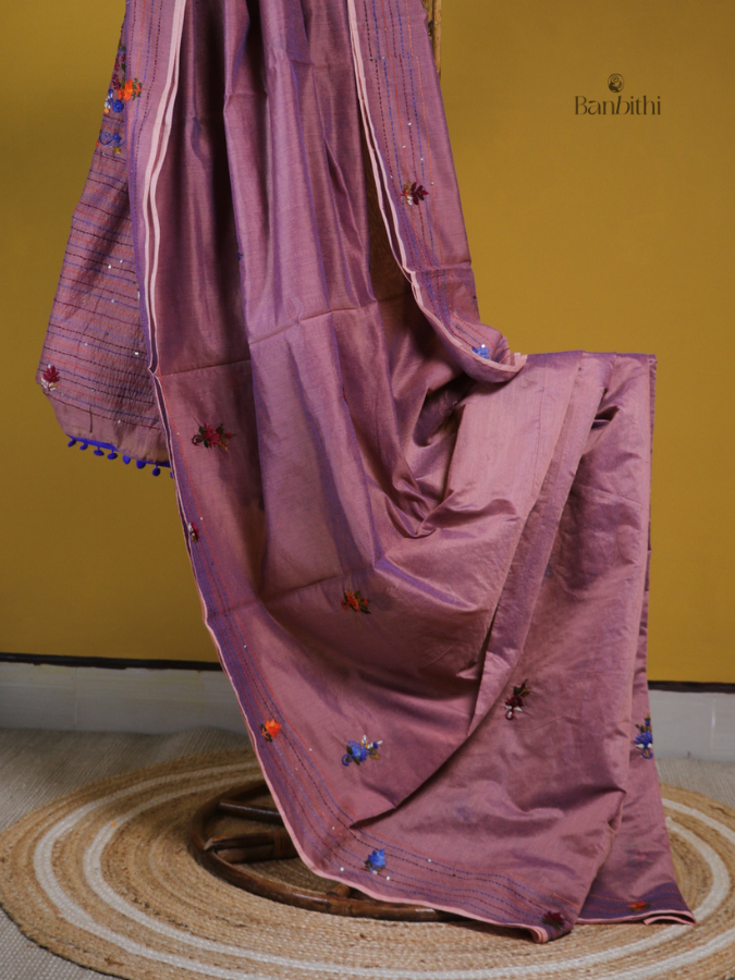 Rosy Pink Artisan Needlework Chanderi Saree