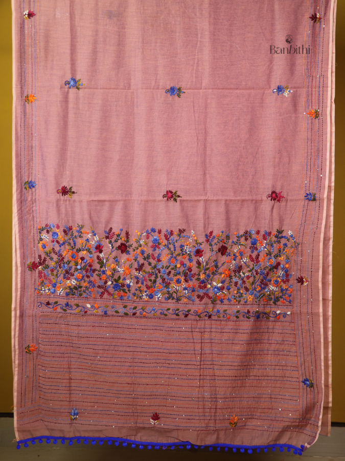 Rosy Pink Artisan Needlework Chanderi Saree