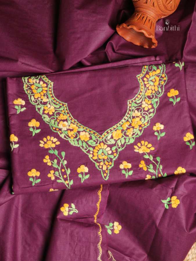 Hand Embroidered Cotton 3-Piece Suit Set – Purple with Yellow