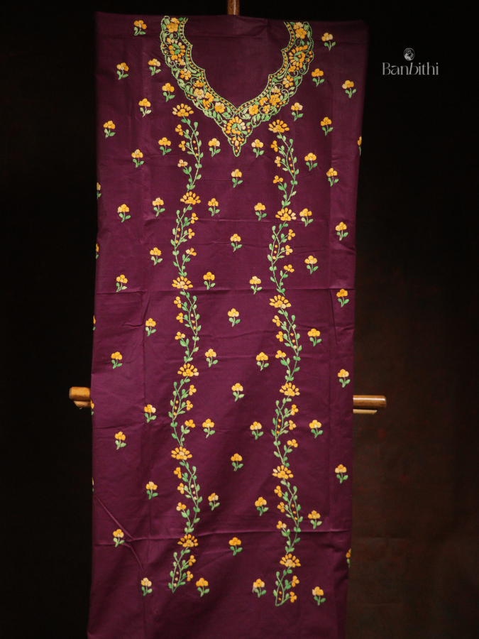 Hand Embroidered Cotton 3-Piece Suit Set – Purple with Yellow