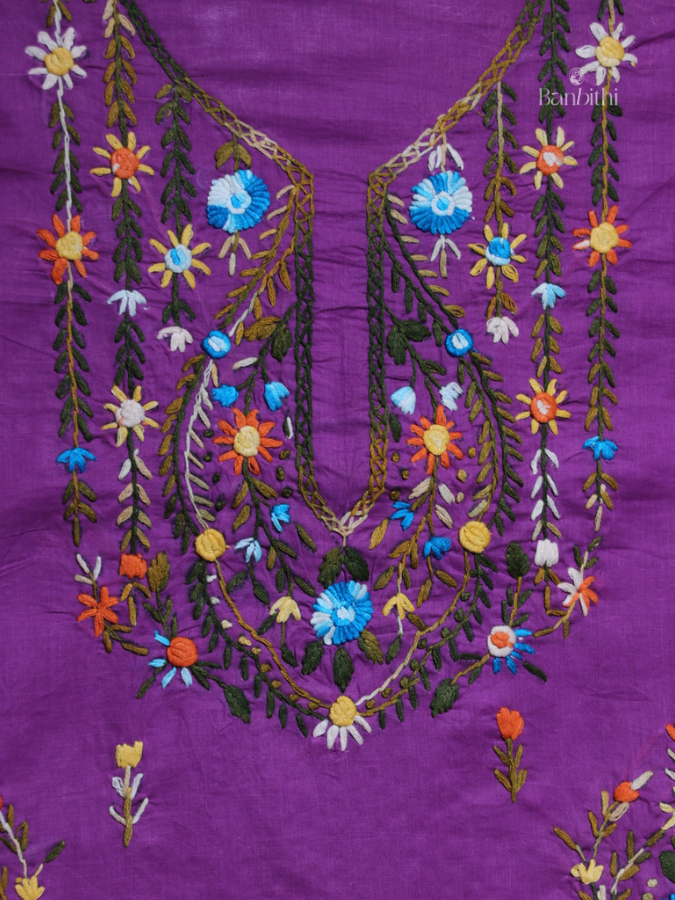 Hand Embroidered Cotton Suit Set – 3 Pcs (Purple)