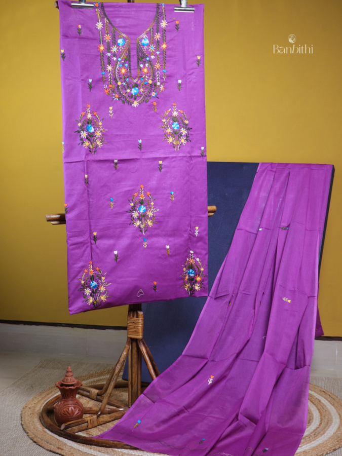 Hand Embroidered Cotton Suit Set – 3 Pcs (Purple)