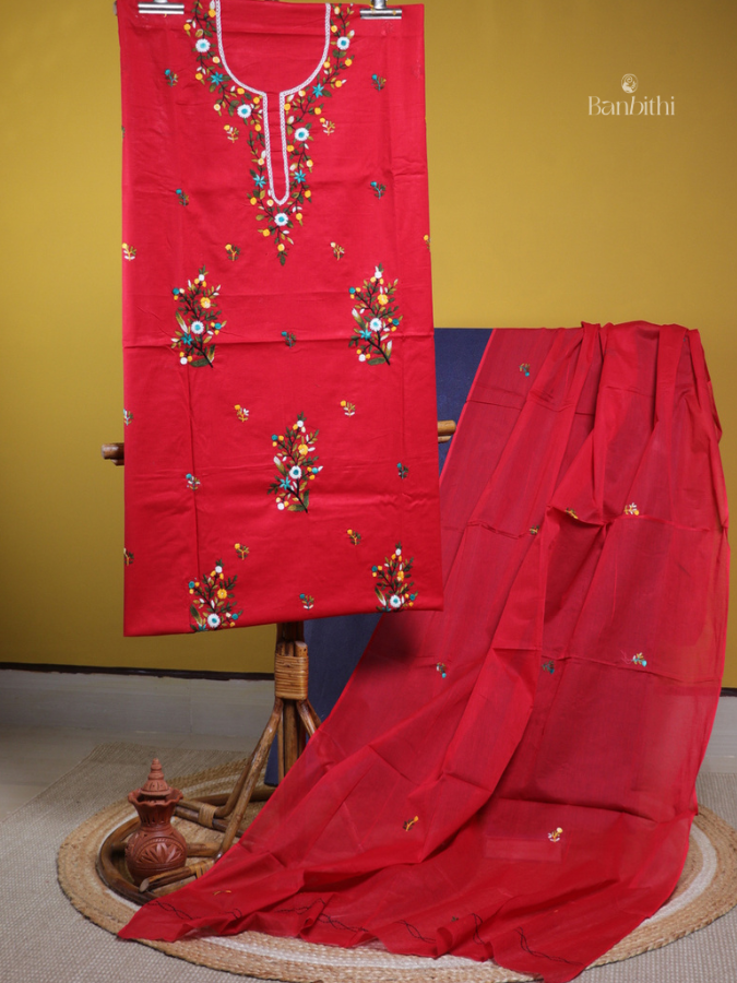 Hand Embroidered Cotton Suit Set – 3 Pcs (Red Classic)