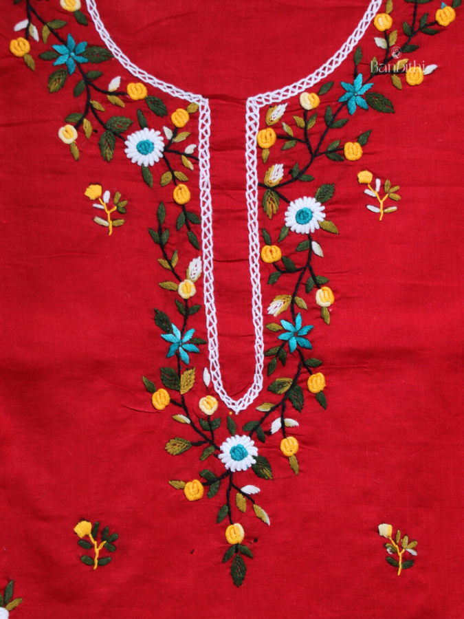Hand Embroidered Cotton Suit Set – 3 Pcs (Red Classic)