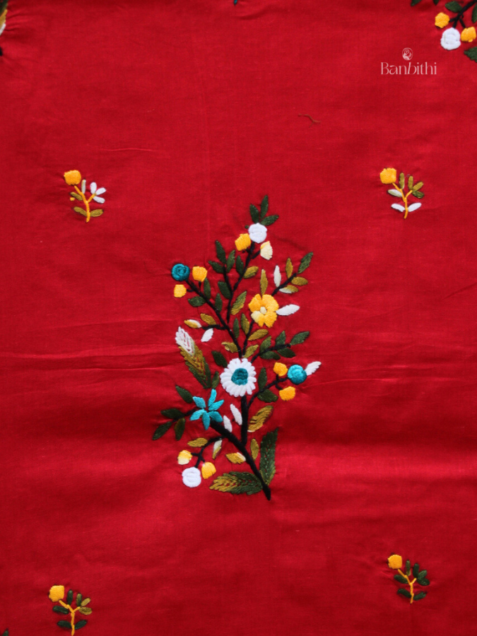 Hand Embroidered Cotton Suit Set – 3 Pcs (Red Classic)