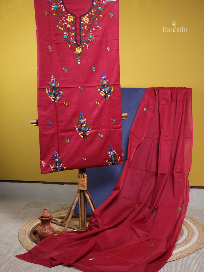 Hand Embroidered Cotton Suit Set – 3 Pcs (Deep Red)