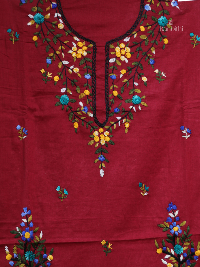 Hand Embroidered Cotton Suit Set – 3 Pcs (Deep Red)