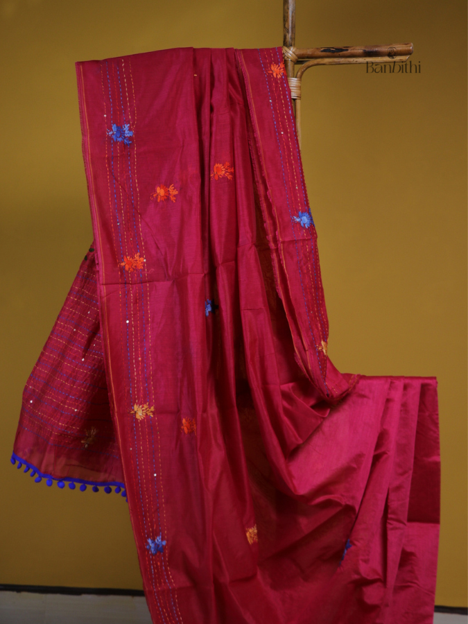 Crimson Red Hand Embroidered Chanderi Saree
