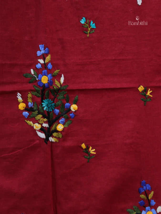 Hand Embroidered Cotton Suit Set – 3 Pcs (Deep Red)