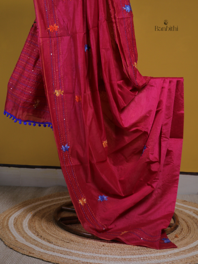 Crimson Red Hand Embroidered Chanderi Saree