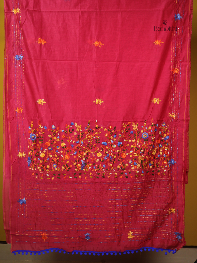 Crimson Red Hand Embroidered Chanderi Saree