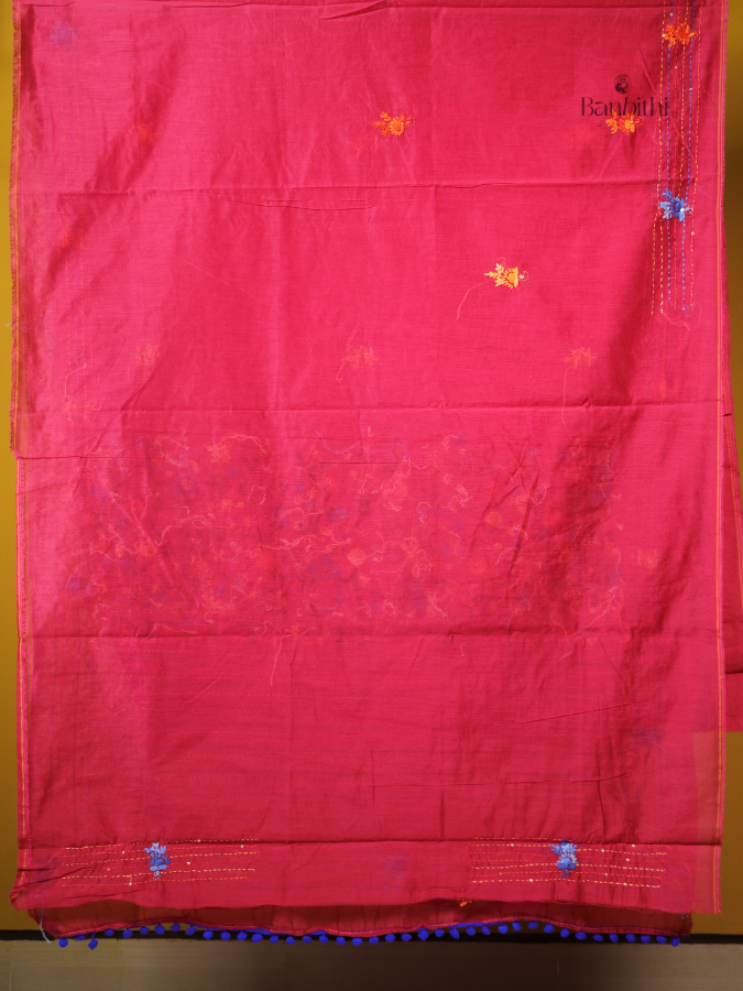 Crimson Red Hand Embroidered Chanderi Saree