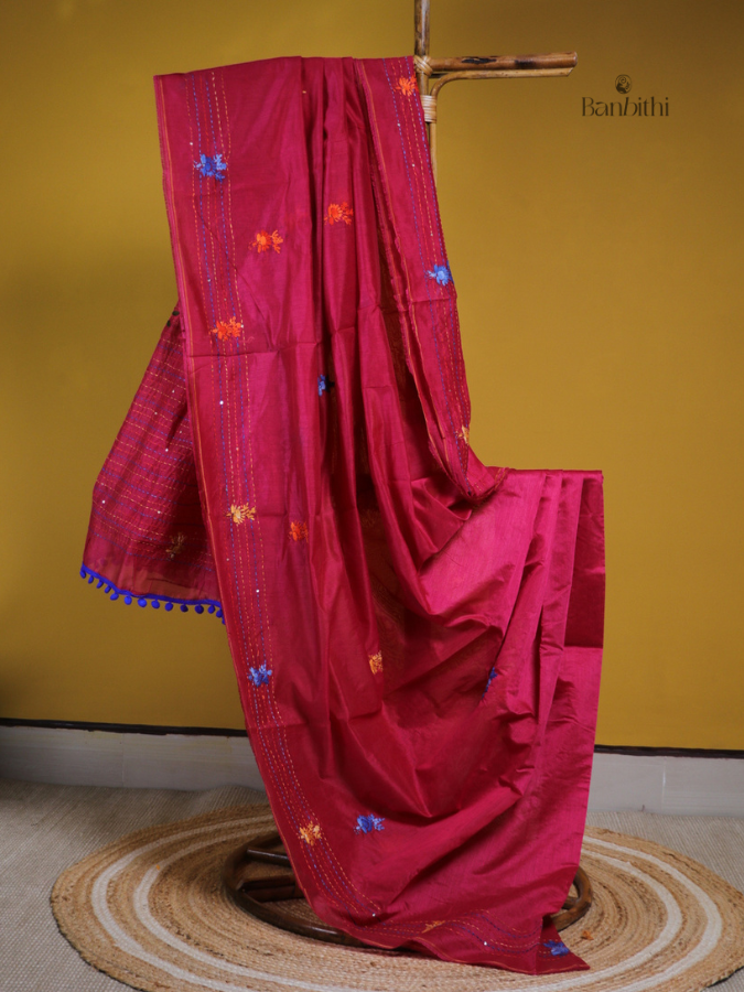 Crimson Red Hand Embroidered Chanderi Saree
