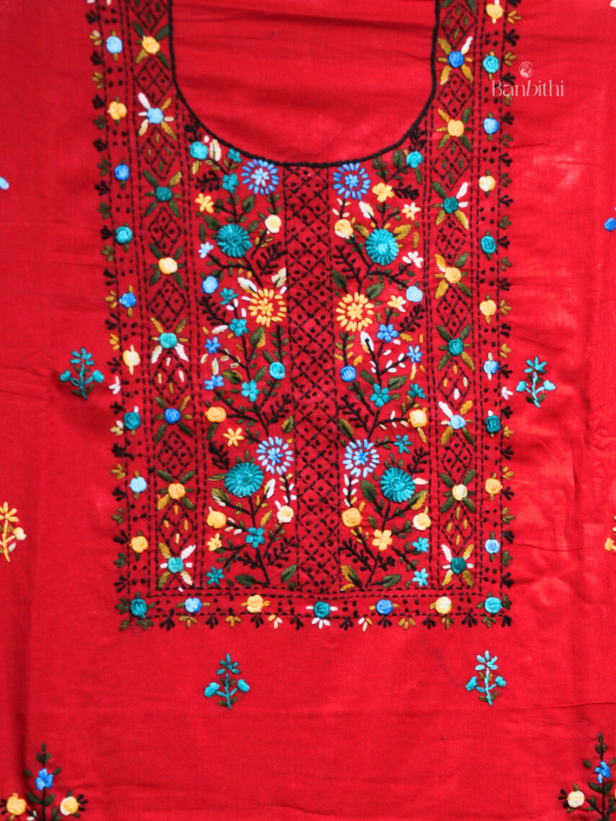 Hand Embroidered Cotton Suit Set – 3 Pcs (Red)
