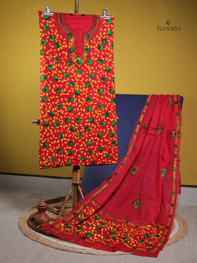 Hand Embroidered Cotton Suit Set – 3 Pcs (Red)