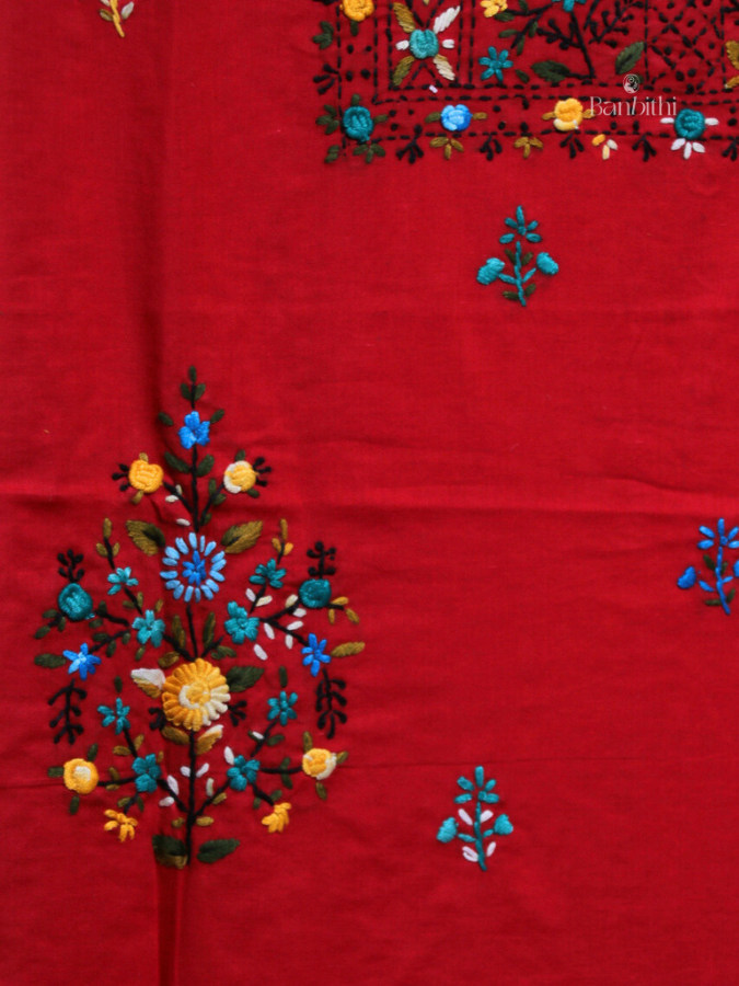 Hand Embroidered Cotton Suit Set – 3 Pcs (Red)