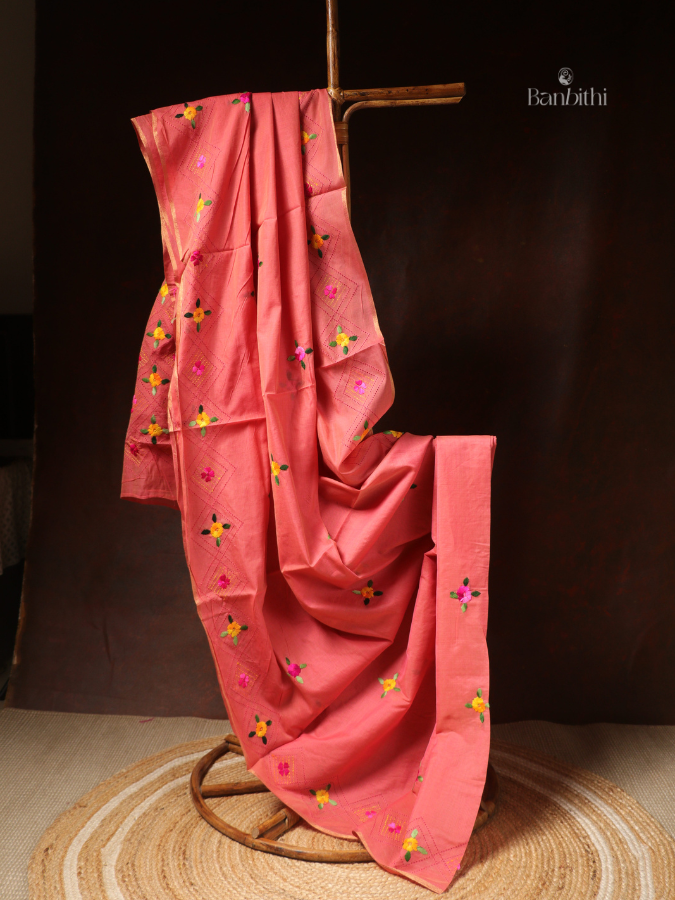 Hand Embroidered Saree – Pink with Yellow Thread