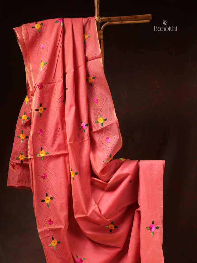 Hand Embroidered Saree – Pink with Yellow Thread