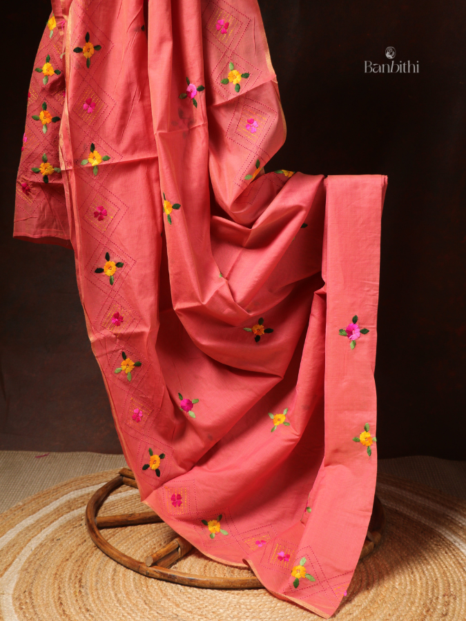 Hand Embroidered Saree – Pink with Yellow Thread