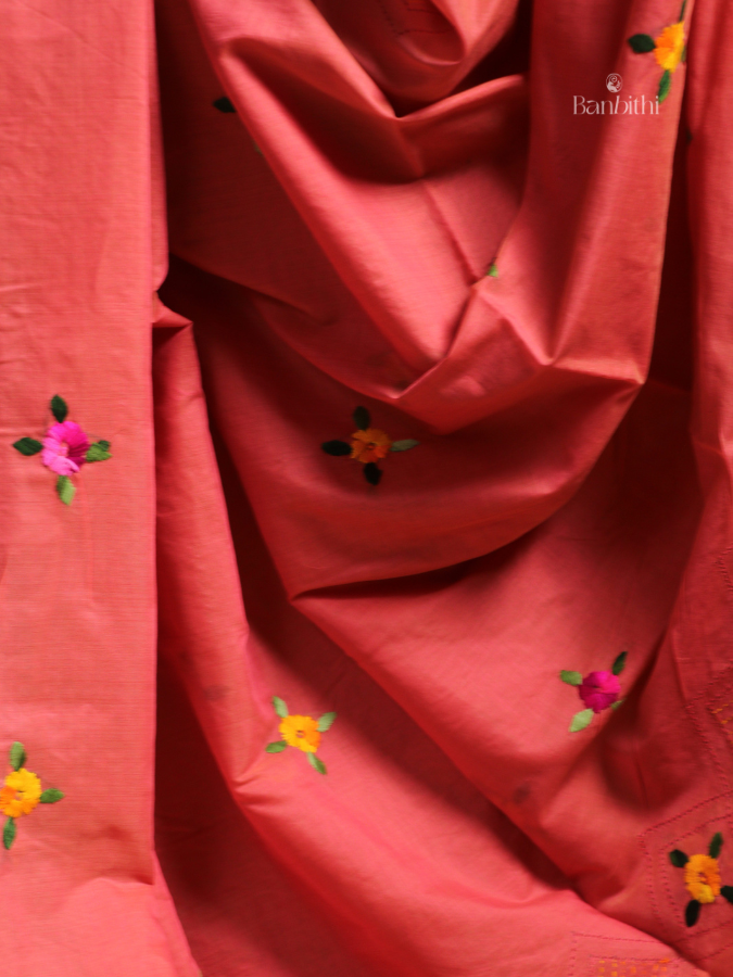 Hand Embroidered Saree – Pink with Yellow Thread
