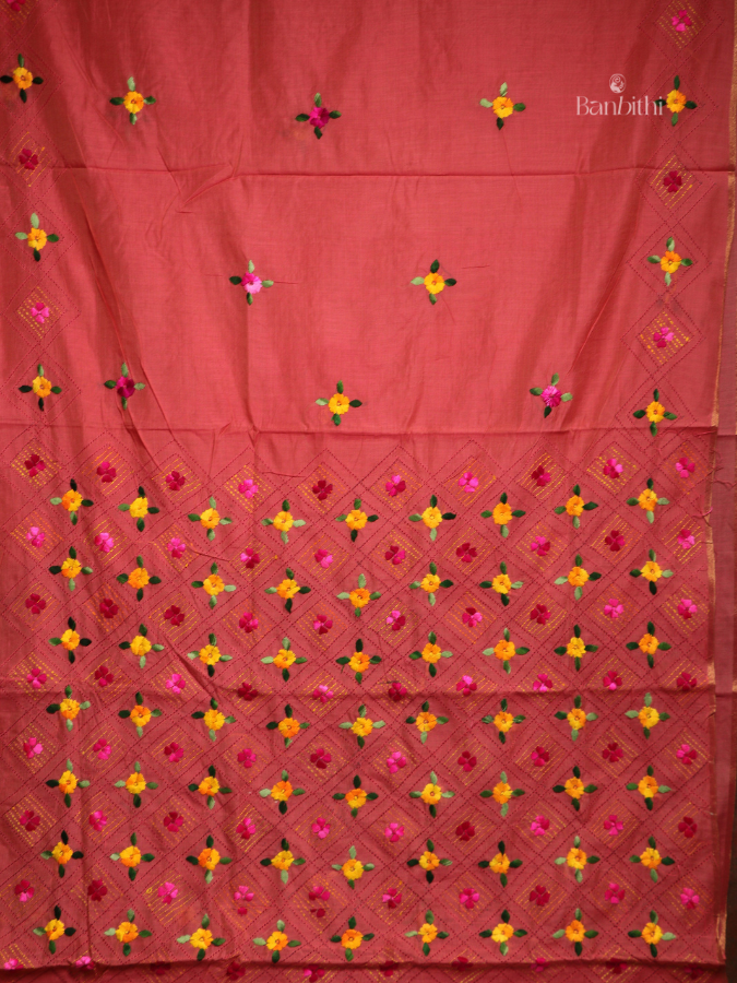 Hand Embroidered Saree – Pink with Yellow Thread