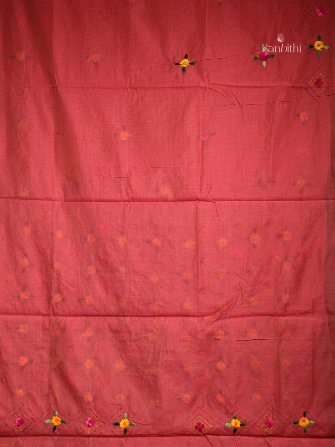 Hand Embroidered Saree – Pink with Yellow Thread
