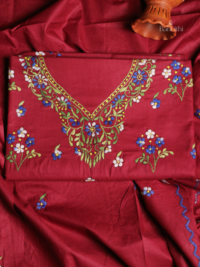 Hand Embroidered Cotton 3-Piece Suit Set – Red with Blue White