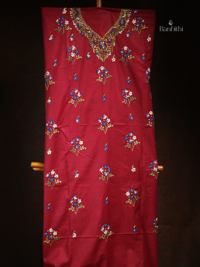 Hand Embroidered Cotton 3-Piece Suit Set – Red with Blue White