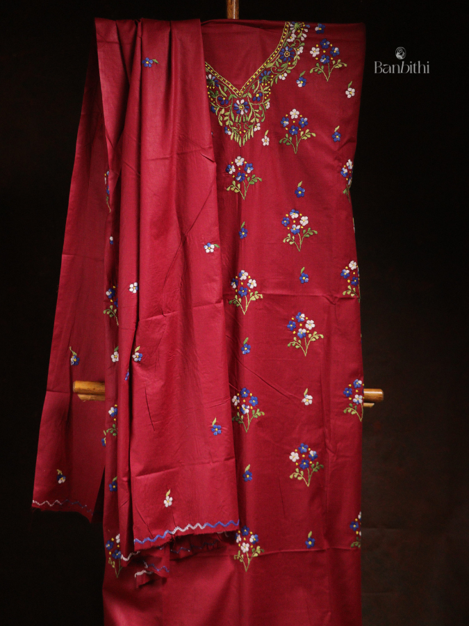 Hand Embroidered Cotton 3-Piece Suit Set – Red with Blue White