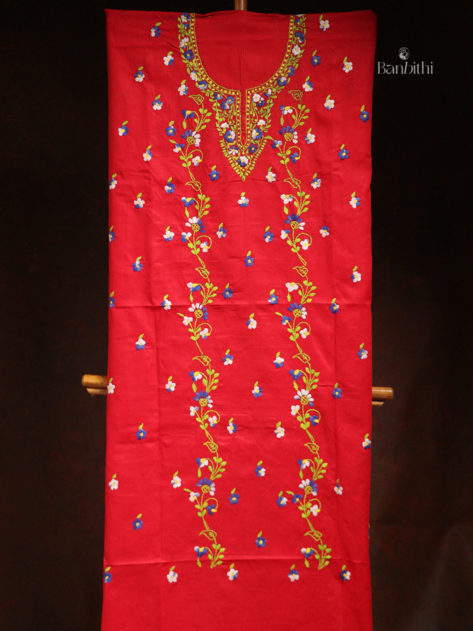 Hand Embroidered Cotton 3-Piece Suit Set – Red with Blue Yellow