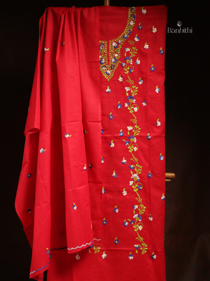 Hand Embroidered Cotton 3-Piece Suit Set – Red with Blue Yellow