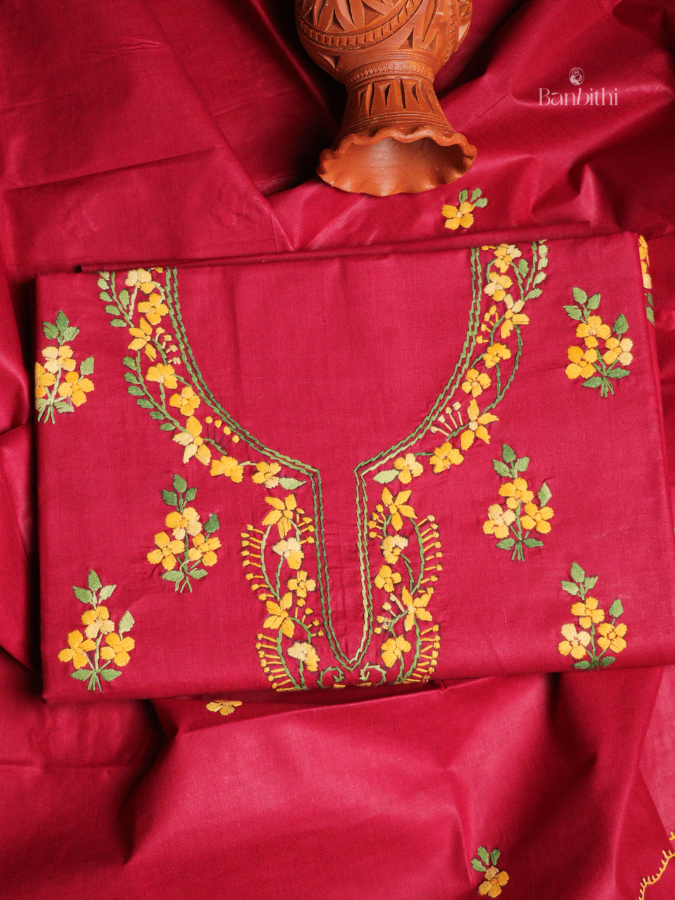 Hand Embroidered Cotton 3-Piece Suit Set – Red with Yellow
