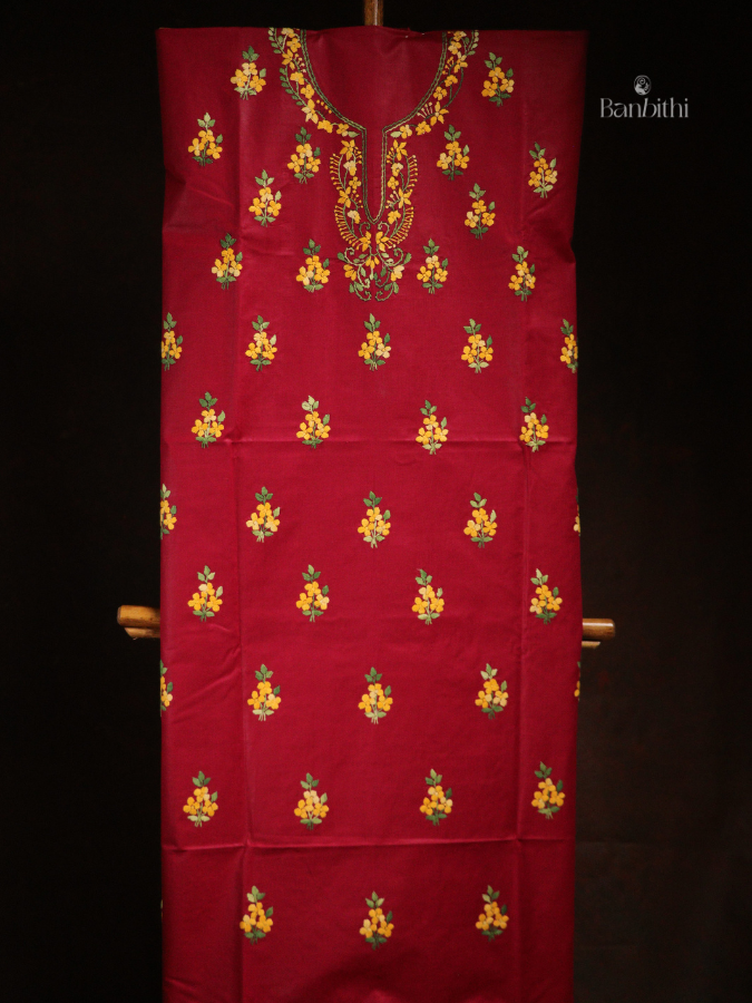 Hand Embroidered Cotton 3-Piece Suit Set – Red with Yellow