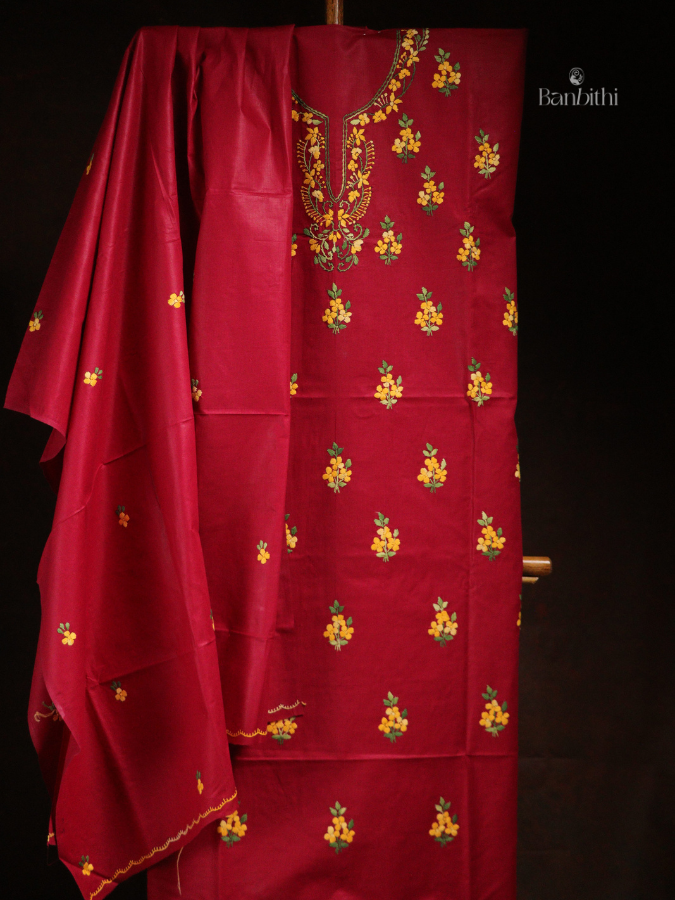 Hand Embroidered Cotton 3-Piece Suit Set – Red with Yellow