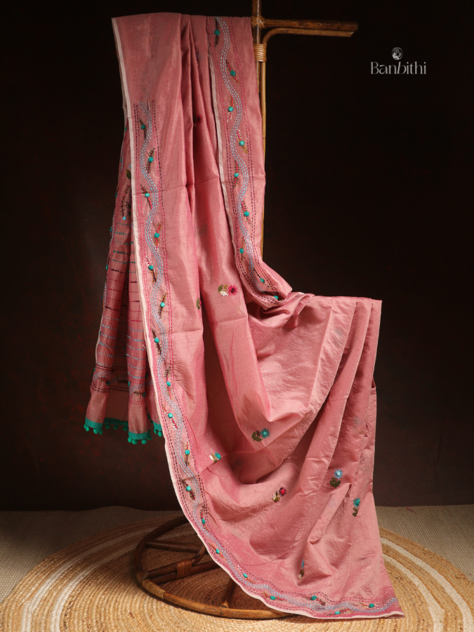Hand Embroidered Saree – Rose Pink with Multicoloured Thread