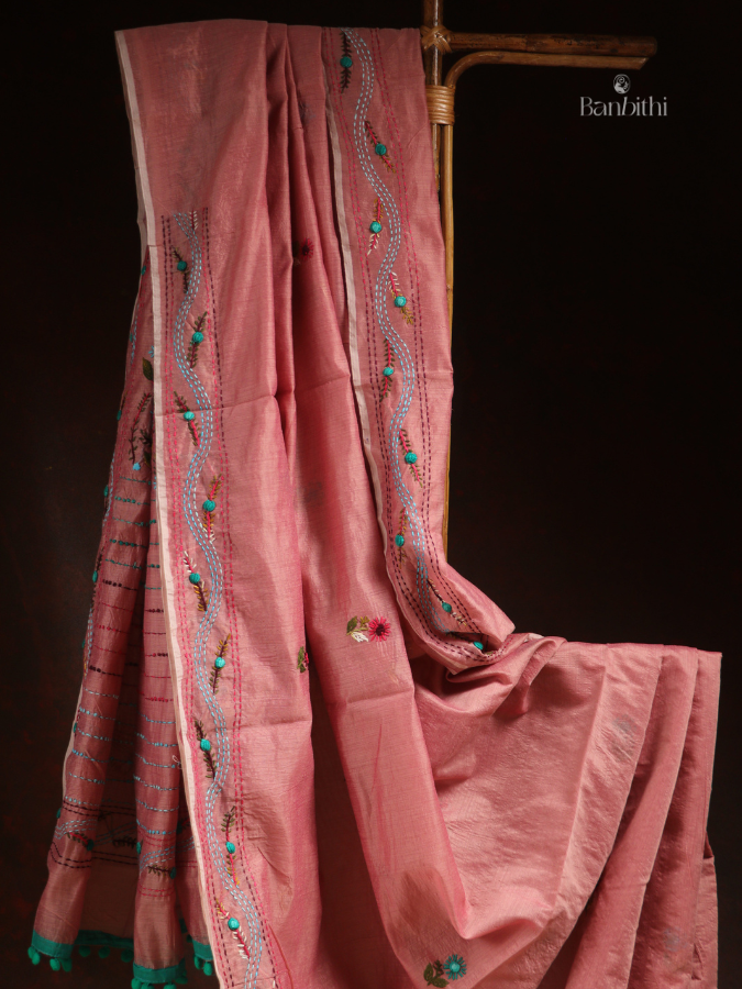 Hand Embroidered Saree – Rose Pink with Multicoloured Thread