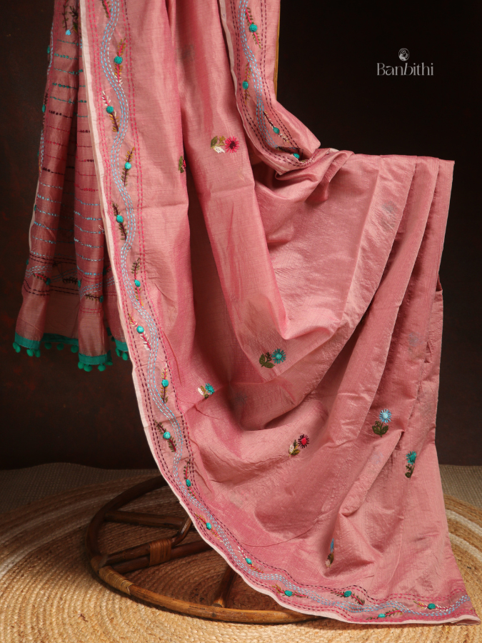 Hand Embroidered Saree – Rose Pink with Multicoloured Thread