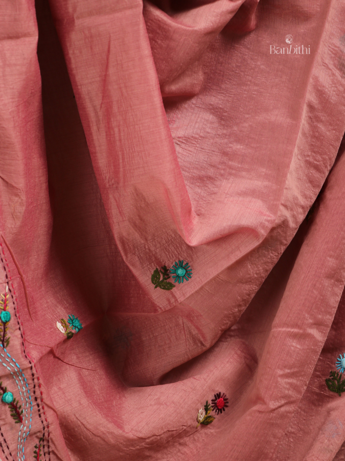 Hand Embroidered Saree – Rose Pink with Multicoloured Thread