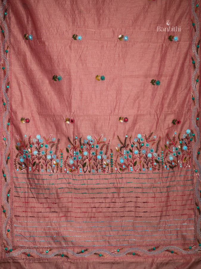 Hand Embroidered Saree – Rose Pink with Multicoloured Thread