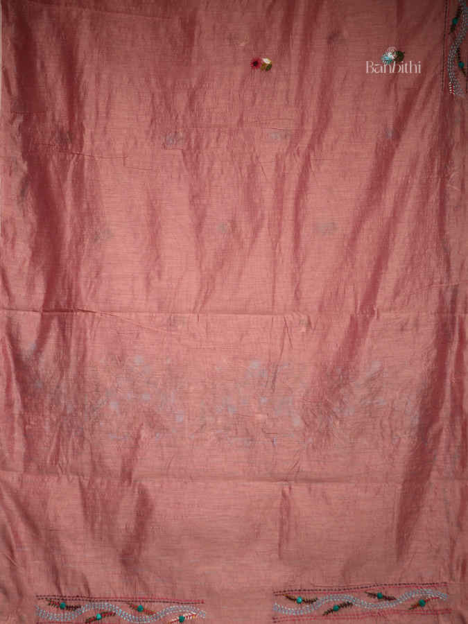 Hand Embroidered Saree – Rose Pink with Multicoloured Thread