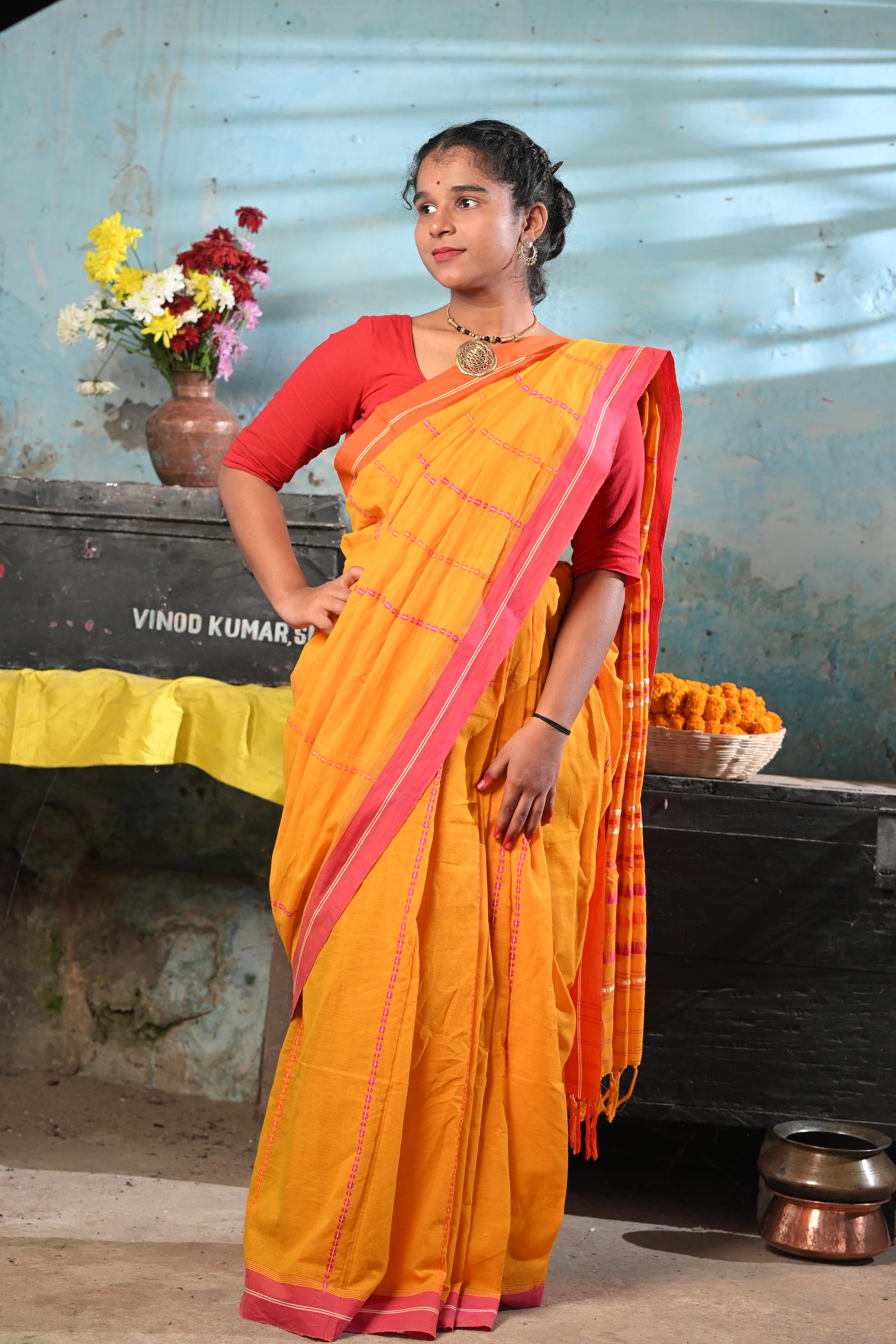 Yellow with Red Begumpuri Saree - Pure Cotton Handwoven Cloth