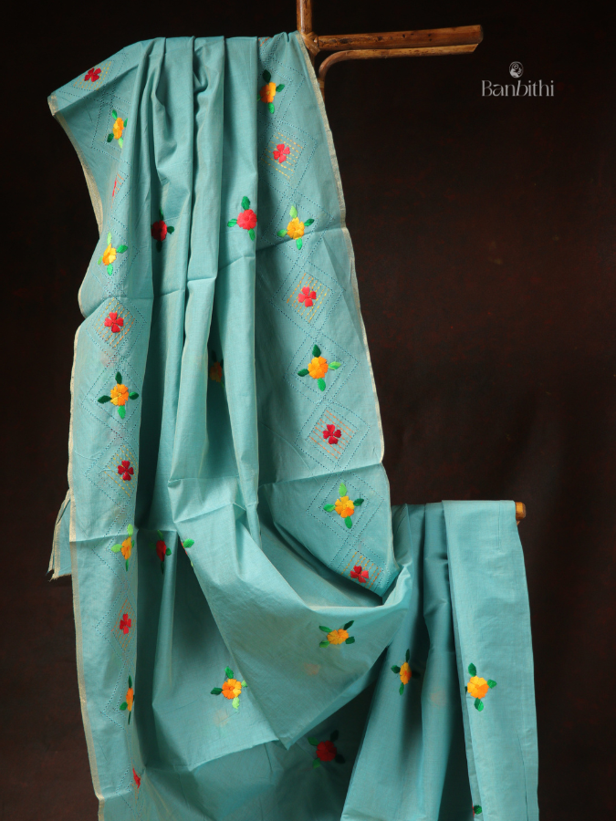 Hand Embroidered Saree – Turquoise Blue with Yellow & Red Thread