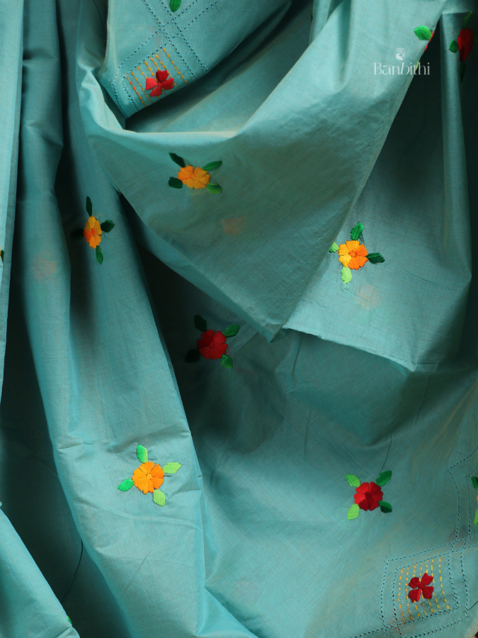 Hand Embroidered Saree – Turquoise Blue with Yellow & Red Thread