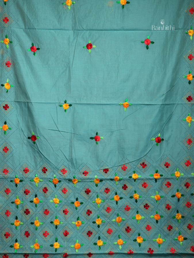 Hand Embroidered Saree – Turquoise Blue with Yellow & Red Thread