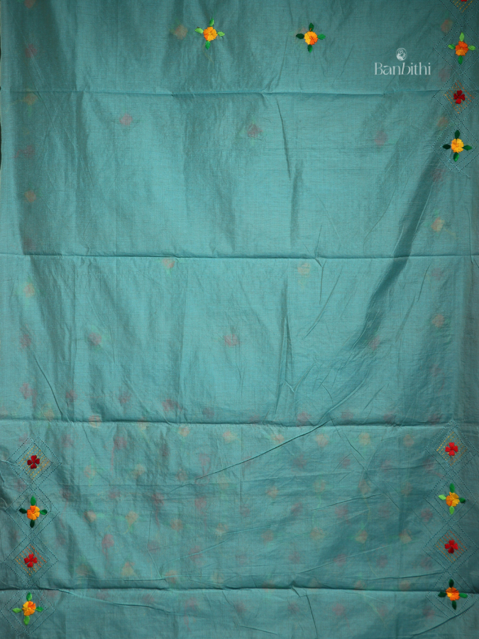 Hand Embroidered Saree – Turquoise Blue with Yellow & Red Thread