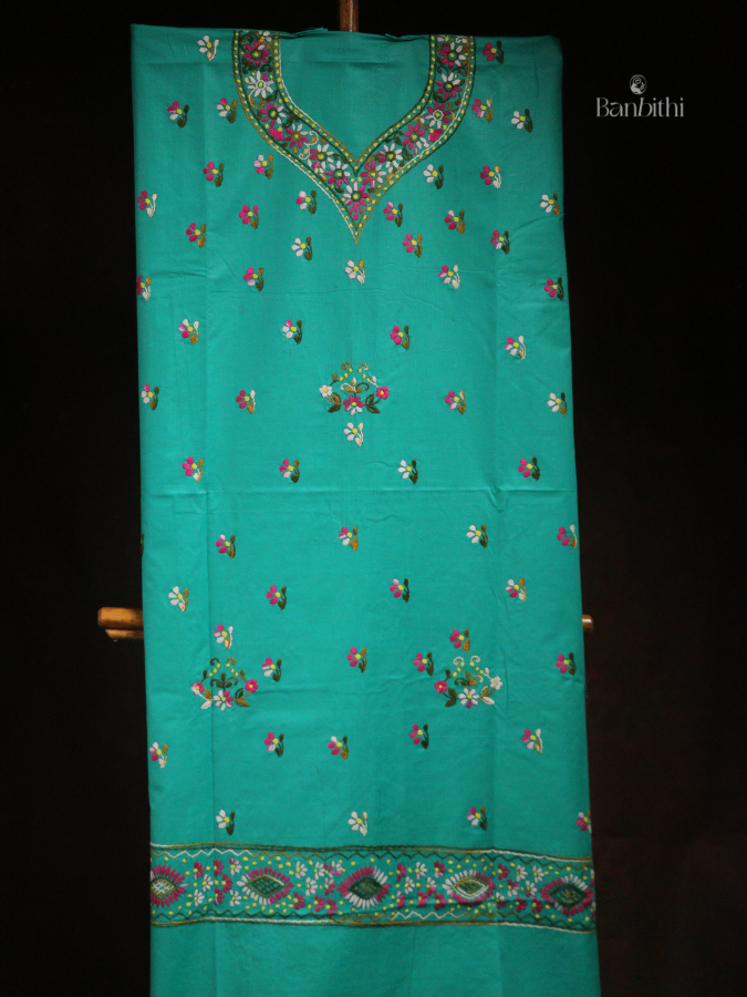 Hand Embroidered Cotton 3-Piece Suit Set – Turquoise Blue