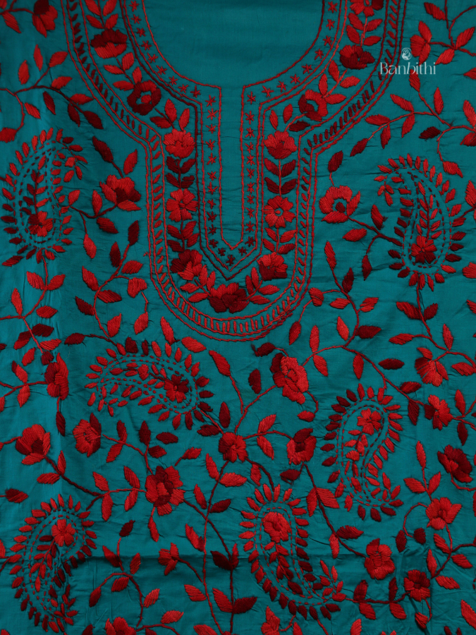 Hand Embroidered Cotton Suit Set – 3 Pcs (Turquoise Blue)