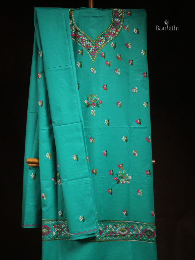 Hand Embroidered Cotton 3-Piece Suit Set – Turquoise Blue