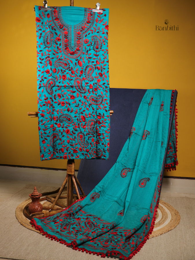 Hand Embroidered Cotton Suit Set – 3 Pcs (Turquoise Blue)